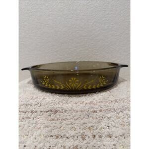 Vintage Glasbake 9 Inch Round Casserole Baking Dish Amber Glass Yellow Daisies